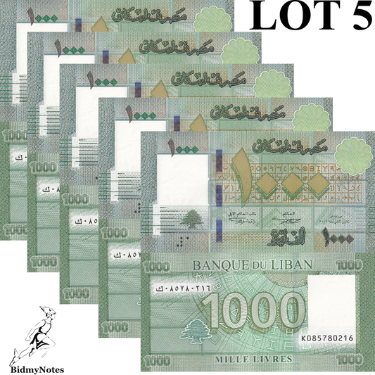 Lebanon 1000 Livres 2016 P 90c(1) UNC 1/20 Bundle LOT 5 pcs