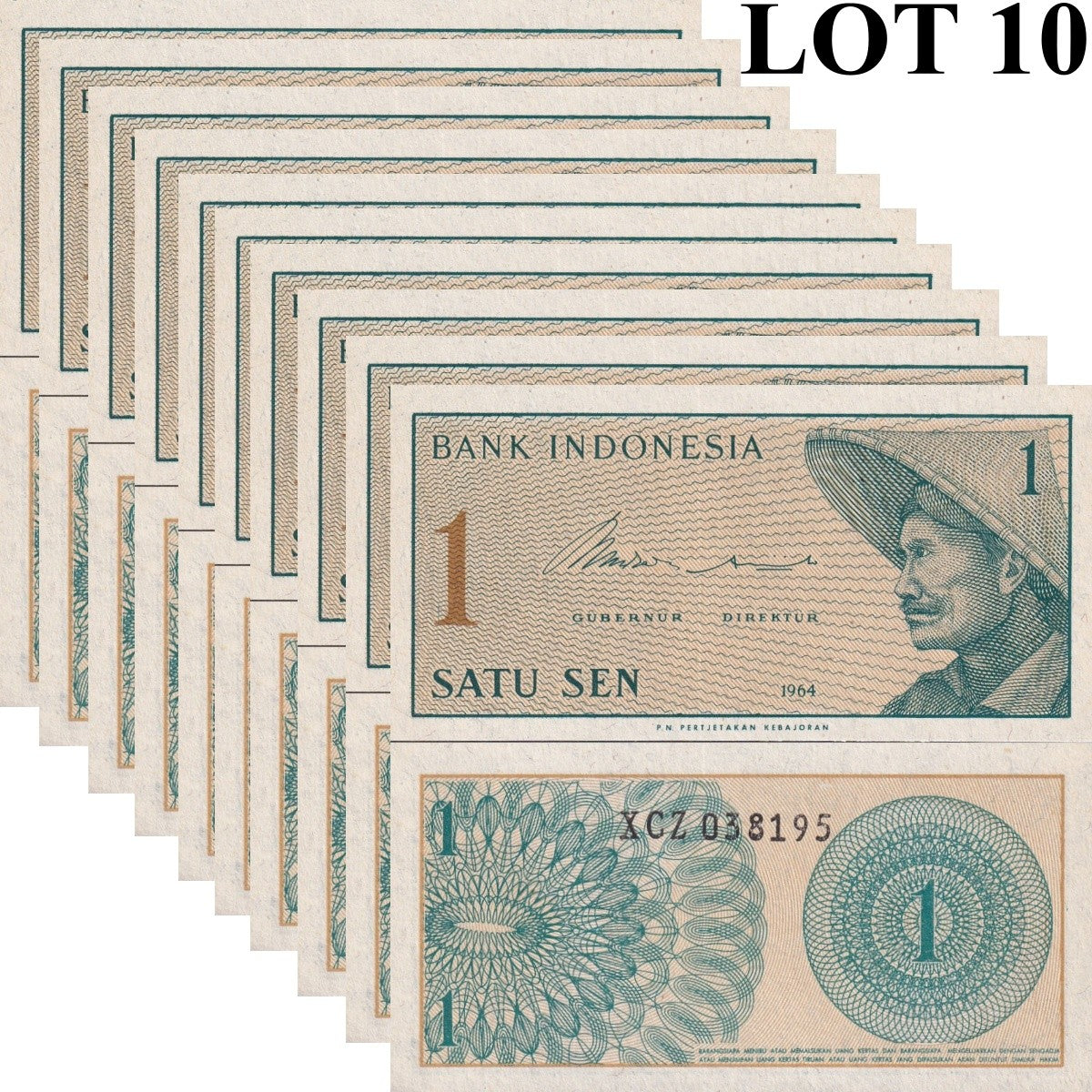 Indonesia 1 Sen 1964 P 90 UNC 1/10 Bundle LOT 10 pcs