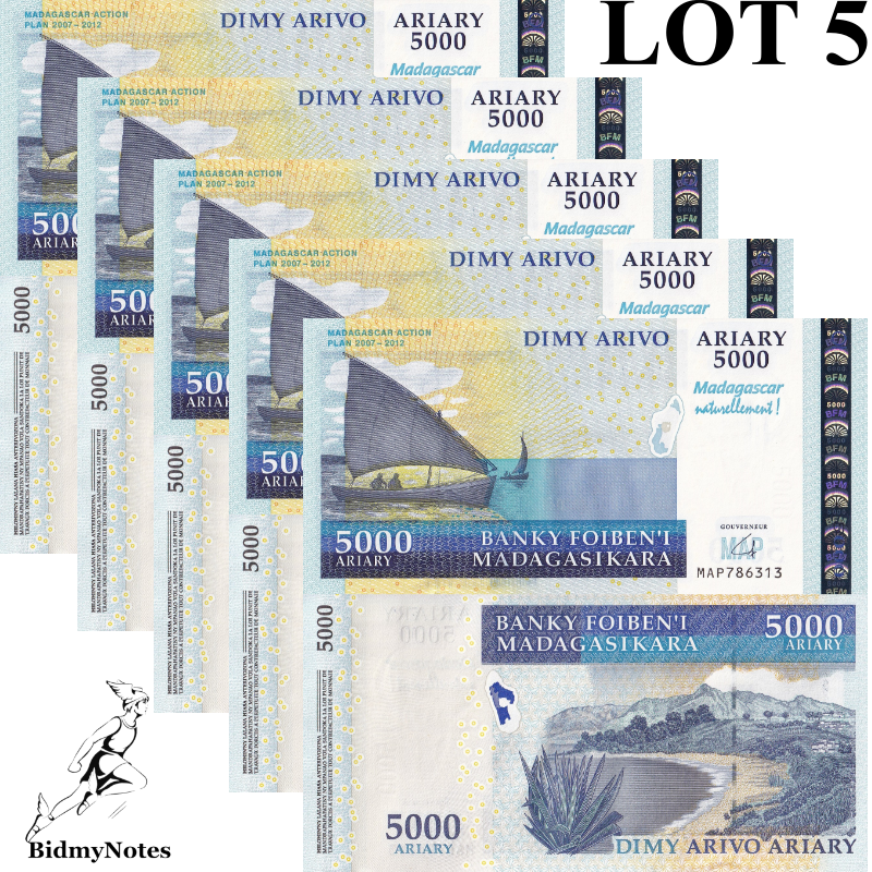Madagascar 5000 Ariary 2008 P 94 UNC COMM. 1/20 Bundle LOT 5 pcs