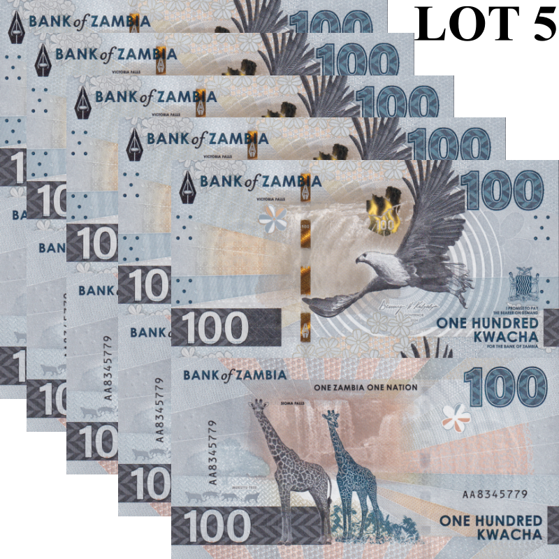 Zambia 100 Kwacha 2024 2025 P New Issue UNC AA First Prefix 1/20 Bundle LOT 5 p