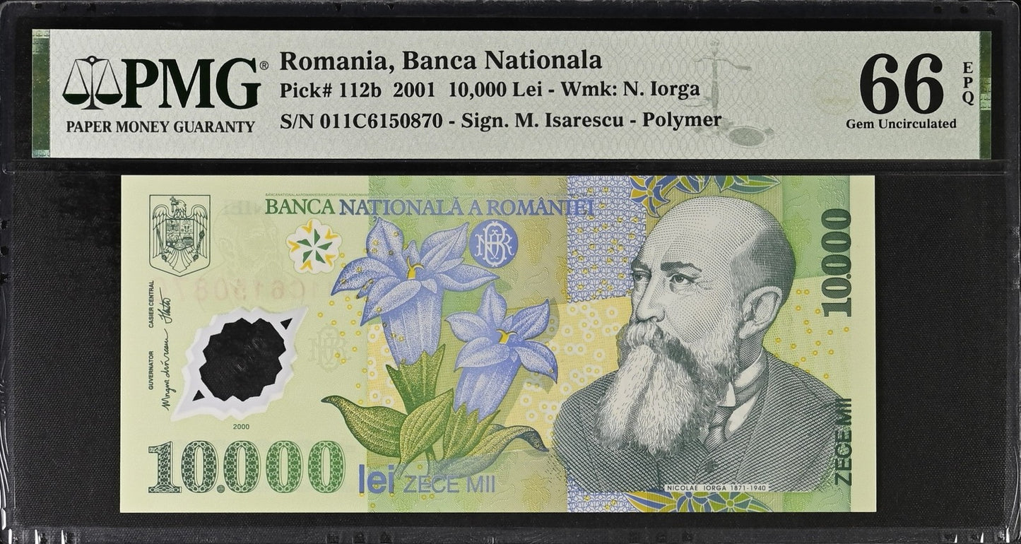 Romania Banca Nationala 10000 Lei 2001 P 112b Polymer UNC PMG 66 EPQ