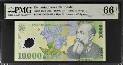 Romania Banca Nationala 10000 Lei 2001 P 112b Polymer UNC PMG 66 EPQ