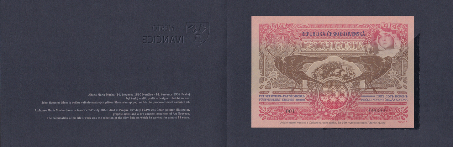 Czechoslovakia 500 Korun 1919 P 12a UNC LOW SERIAL NO. 000XXX With Folder