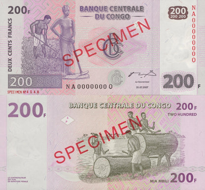 Congo 200 Francs 2007 P 99a UNC Specimen