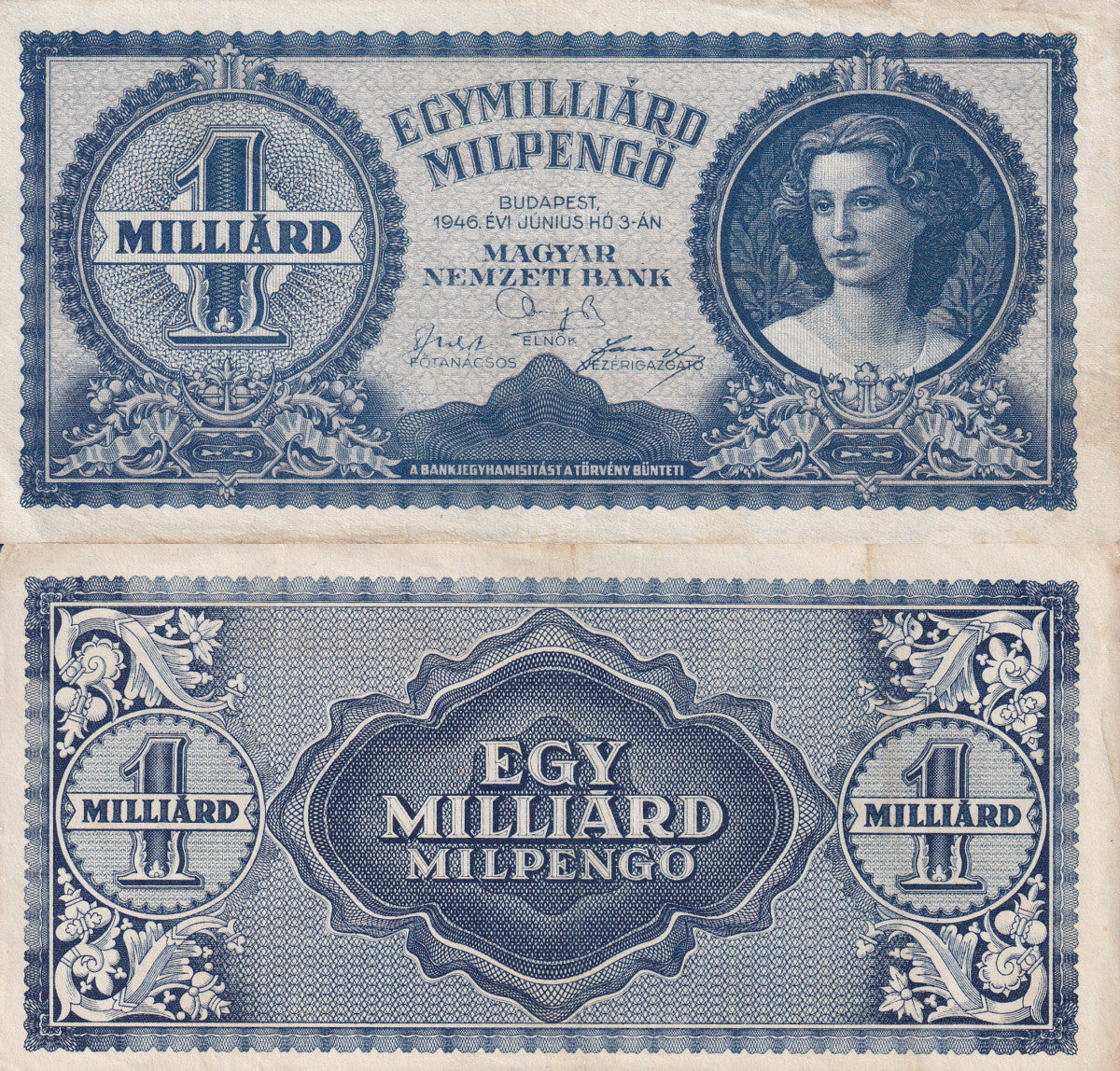 Hungary 1 Quadrillion Pengo 1946 P 131 AU FOXING