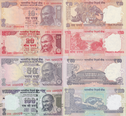 India 10 20-100 2014-16 P 102v 103l 104u 105ad UNC Set 4 p Match LOW No. 000009