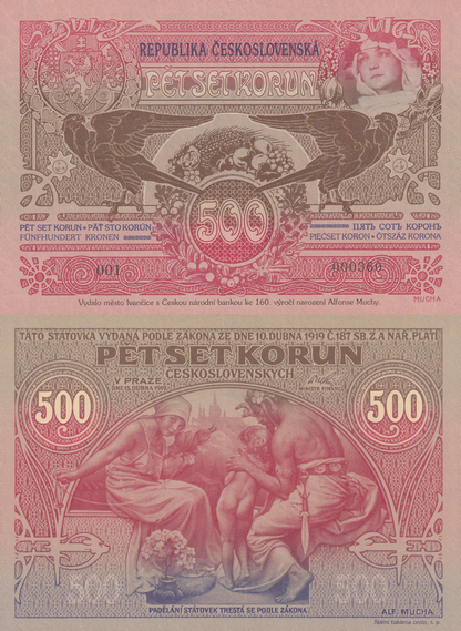 Czechoslovakia 500 Korun 1919 P 12a UNC LOW SERIAL NO. 000XXX With Folder
