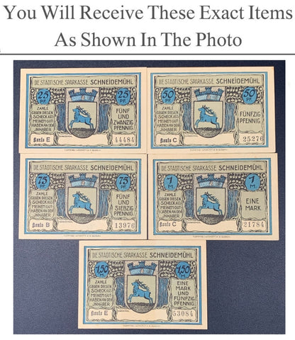 Germany Notgeld SCHNEIDEMUHL 25 50 75 Pfennig 1 1.50 Mark 1922 Full Set 5 pcs