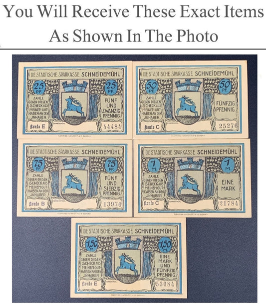 Germany Notgeld SCHNEIDEMUHL 25 50 75 Pfennig 1 1.50 Mark 1922 Full Set 5 pcs