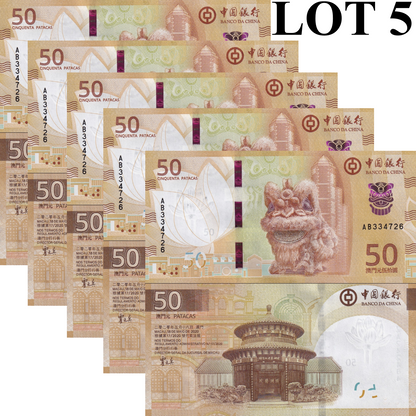 Macau Macao 50 Patacas 2025 P 131 New Issue UNC BOC 1/20 Bundle Lot 5 pcs