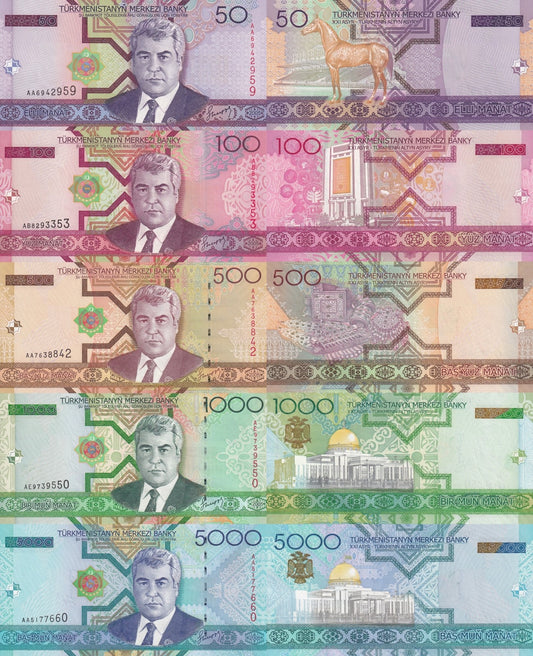 Turkmenistan 50 100 500 1000 5000 Manat 2005 P 17 18 19 20 21 UNC Set 5 pcs