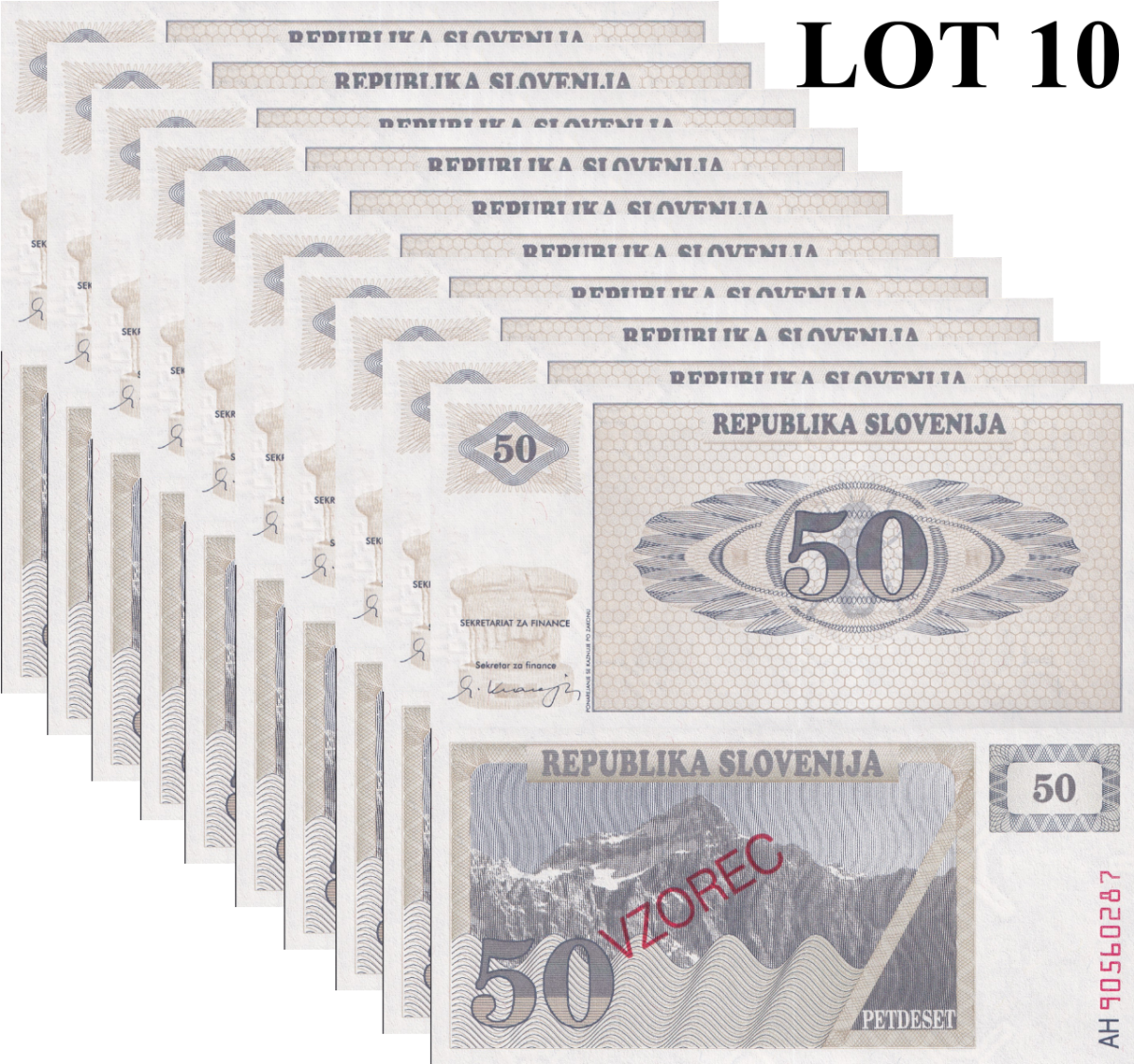 Slovenia 50 Tolarjev 1990 P 5 UNC SPECIMEN 1/10 Bundle Lot 10 pcs