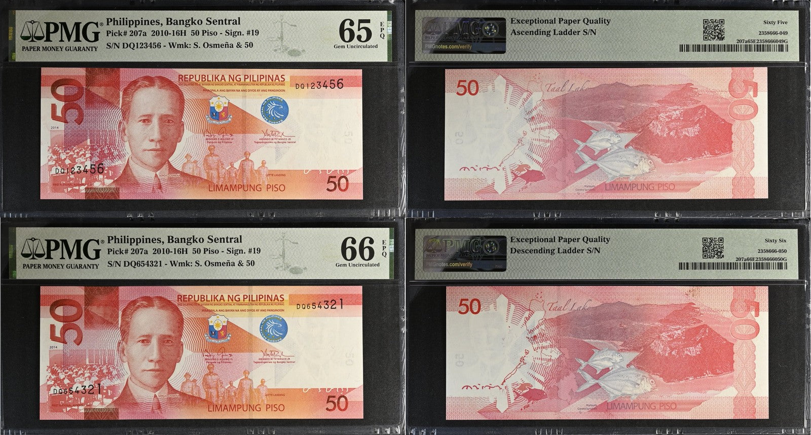 Philippines 50 Piso 2010 P 207a UNC PMG 65 66 EPQ Set 2 Ascending Descending No.