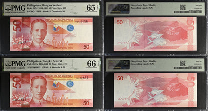 Philippines 50 Piso 2010 P 207a UNC PMG 65 66 EPQ Set 2 Ascending Descending No.
