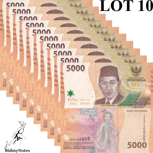 Indonesia 5000 Rupiah 2022/2023 P 164 UNC 1/10 Bundle LOT 10 pcs
