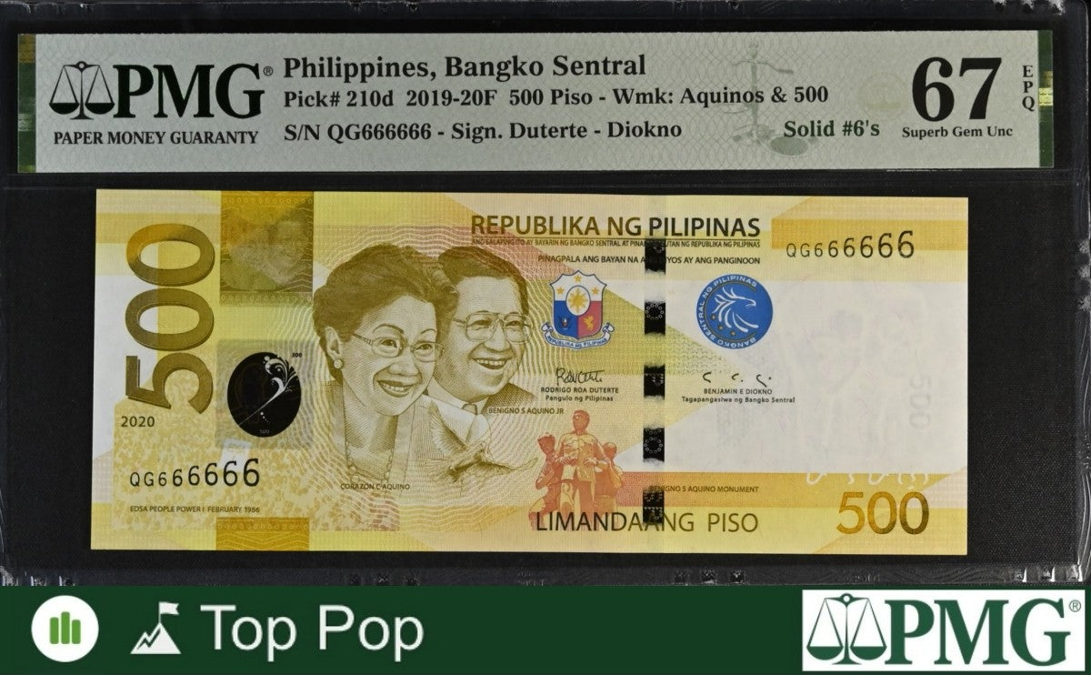 Philippines 500 Piso 2019 P 210d UNC PMG 67 EPQ SOLID 6 - 666666 TOP POP
