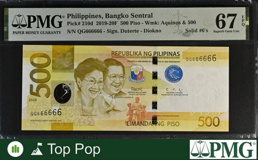 Philippines 500 Piso 2019 P 210d UNC PMG 67 EPQ SOLID 6 - 666666 TOP POP