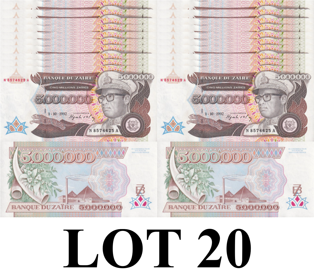 Zaire 5000000 Zaires 1992 P 46 UNC 1/5 Bundle Lot 20 pcs