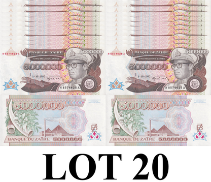 Zaire 5000000 Zaires 1992 P 46 UNC 1/5 Bundle Lot 20 pcs