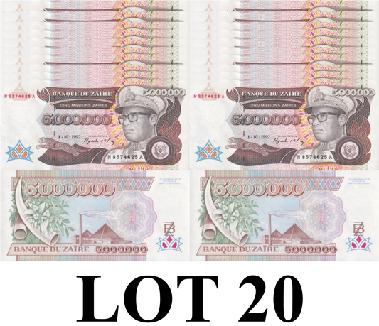 Zaire 5000000 Zaires 1992 P 46 UNC 1/5 Bundle Lot 20 pcs