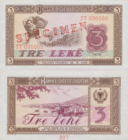 Albania 3 Lek 1976 P 41 UNC Specimen MINOR FOXING