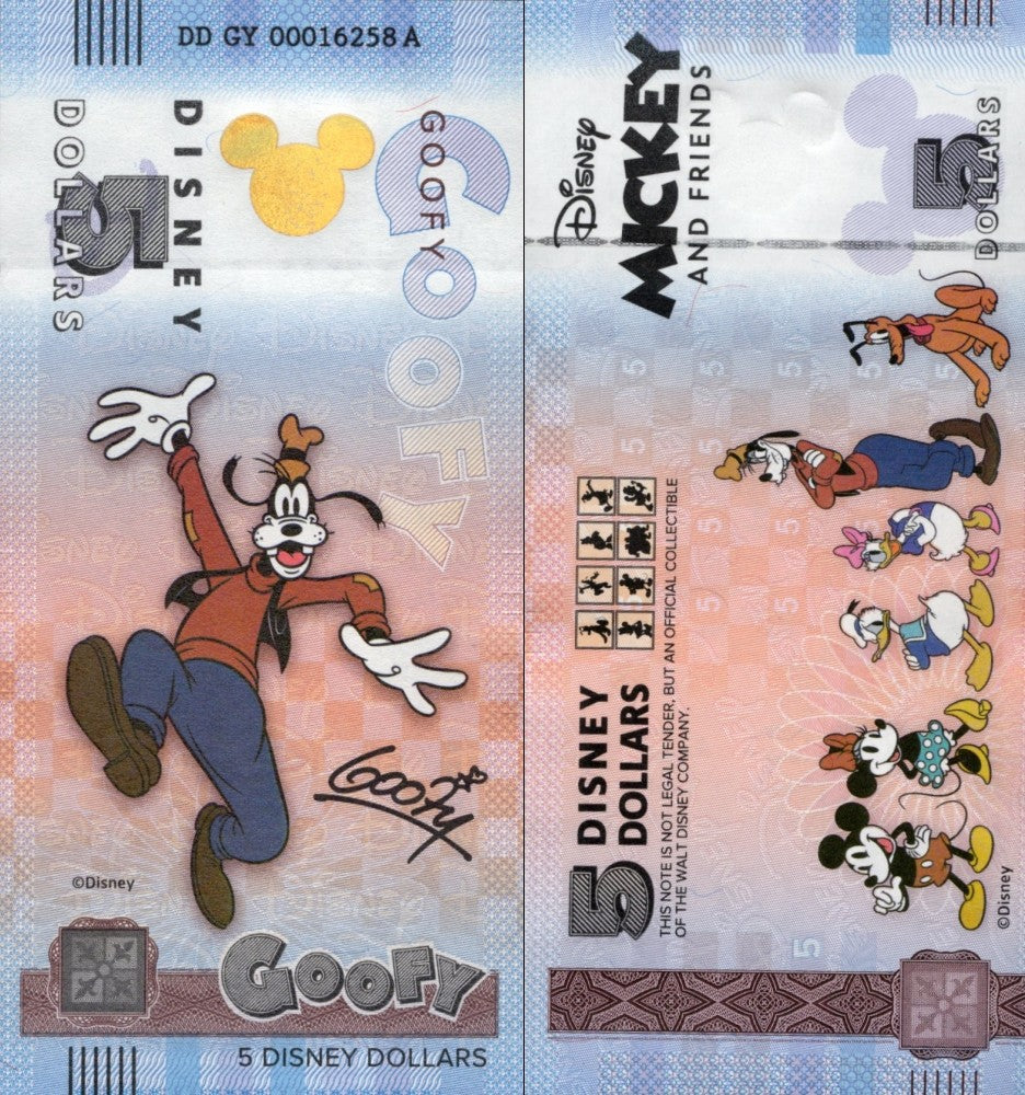 Disney Official Mickey Mouse & Frinds 5 Dollars 2025 Goofy UNC With Folder