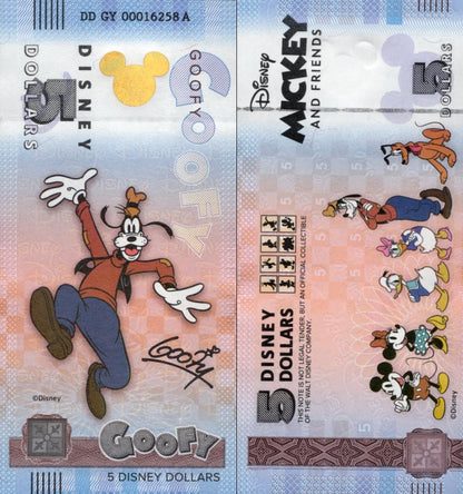 Disney Official Mickey Mouse & Frinds 5 Dollars 2025 Goofy UNC With Folder