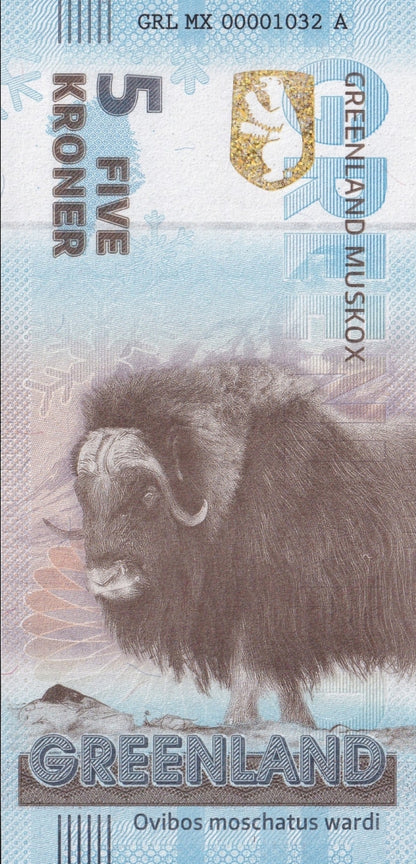Greenland Souvenir Note 5 Krone Greenland Muskox UNC Test Note
