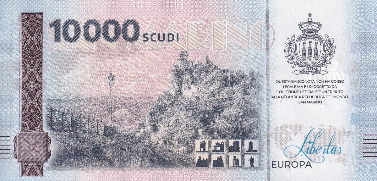 San Marino Republic 10000 Scudi 2 Torre Cesta UNC COMM. Test Note