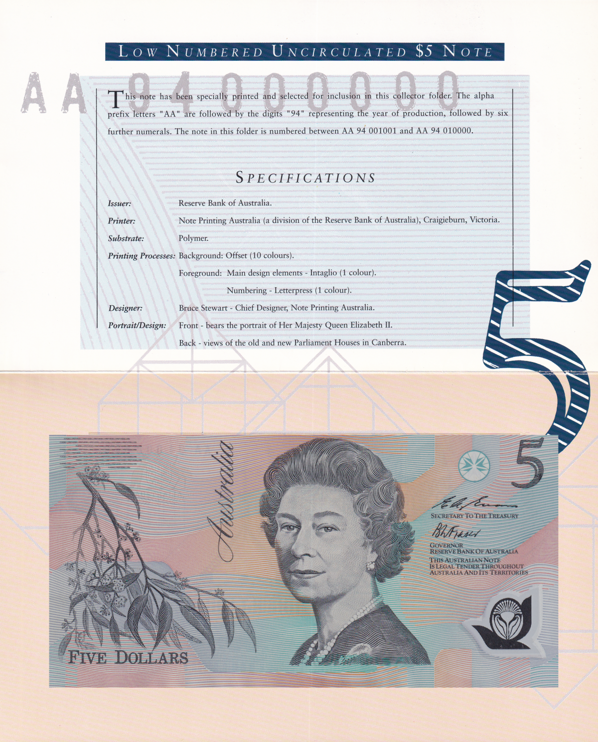 Australia 5 Dollars ND 1992 P 50a(2)  Polymer UNC AA Prefix With Folder