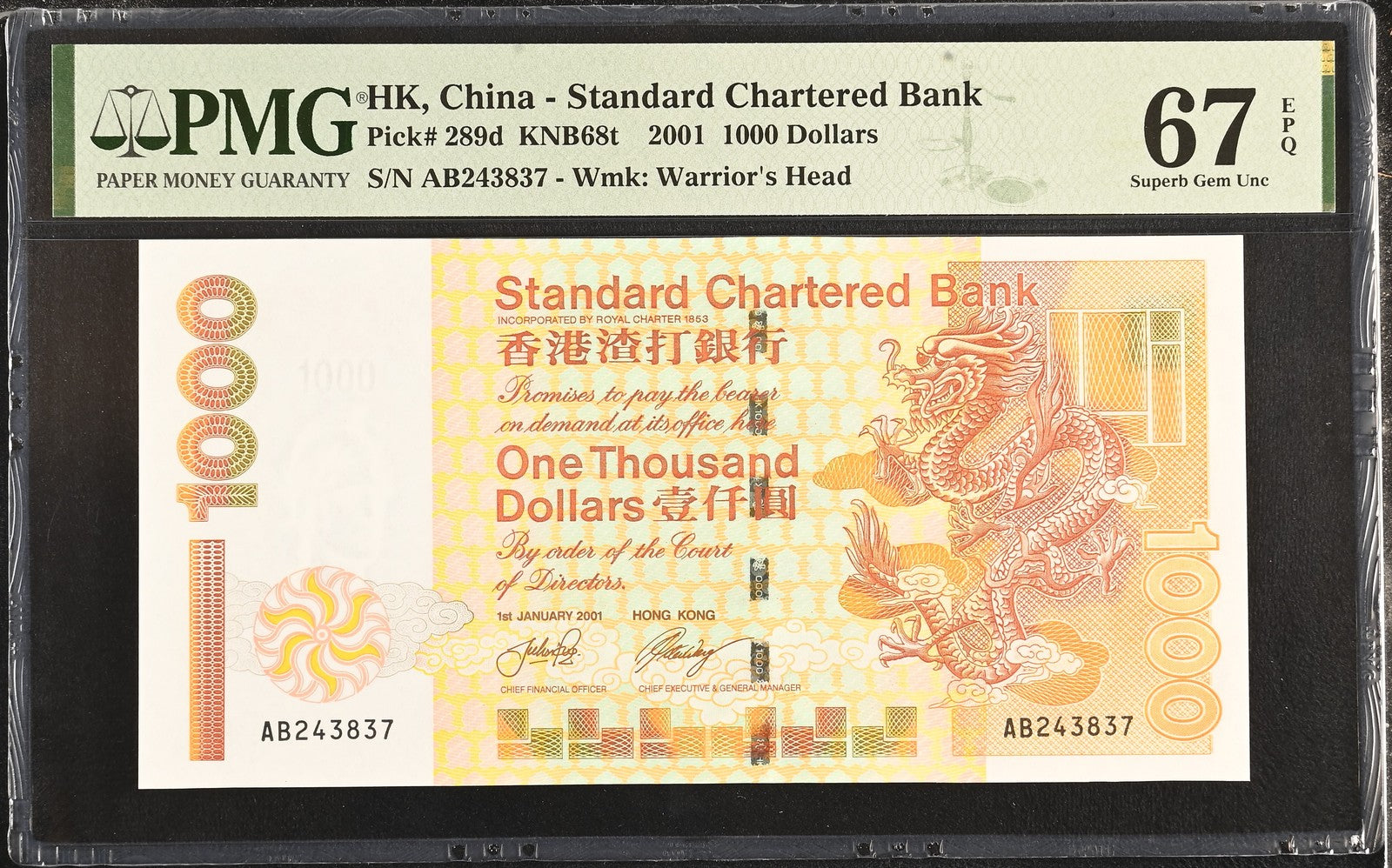 Hong Kong SCB 1000 Dollars 2001 P 289d UNC PMG 67 EPQ 3rd TOP POP