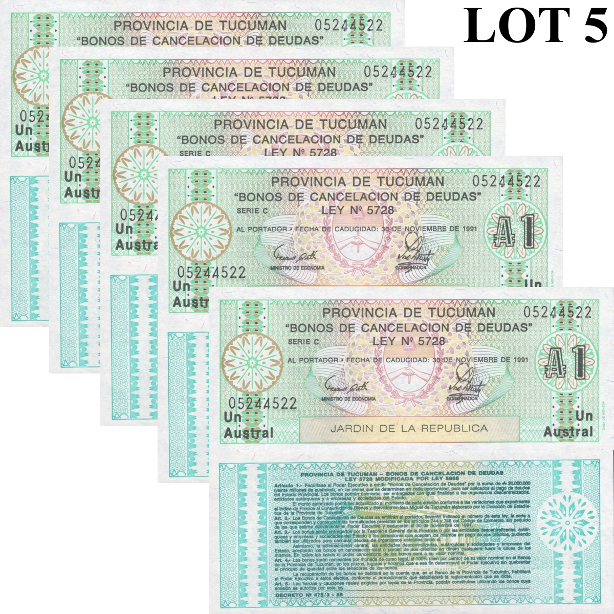 Argentina 1 Austral 1991 P S2711 UNC 1/20 Bundle Lot 5 pcs