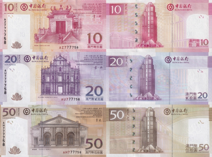 Macau Macao 2013 P 108b(1) 109b(1) 110b UNC BOC Macthing No. 7777XX Set 3 pcs