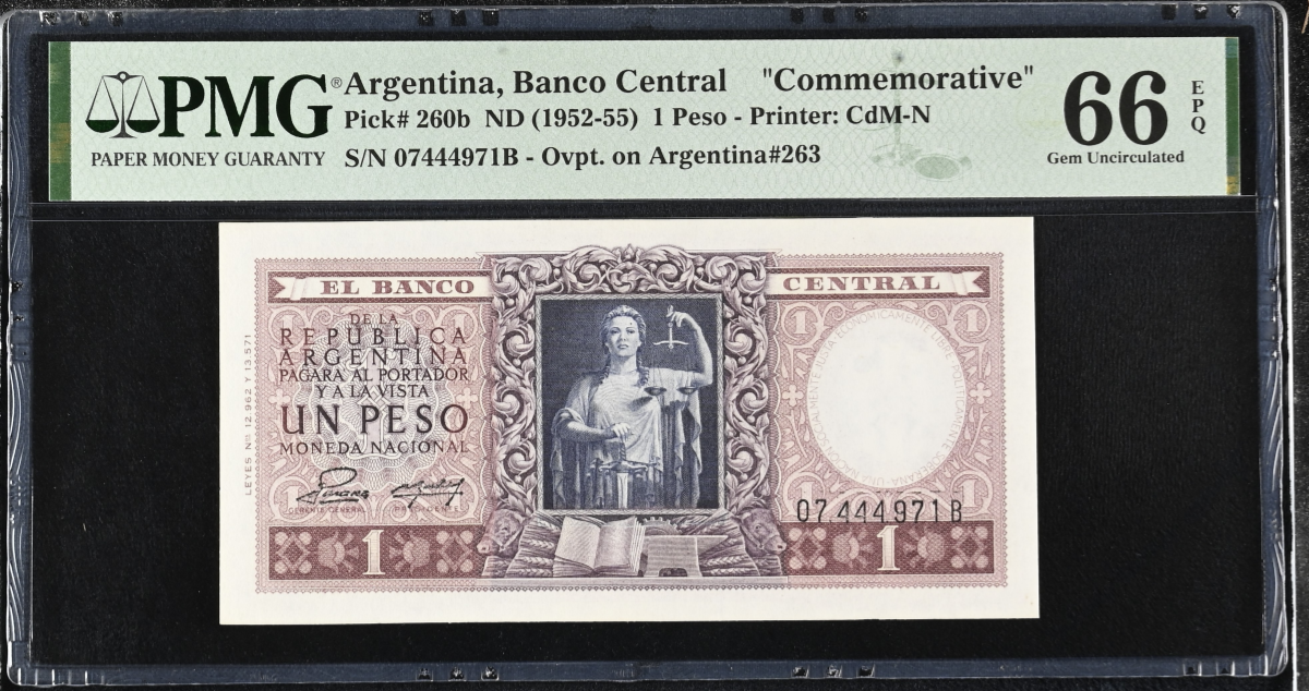 Argentina Commemorative 1 Peso ND (1952-55) P 260b UNC PMG 66 EPQ 2nd TOP POP