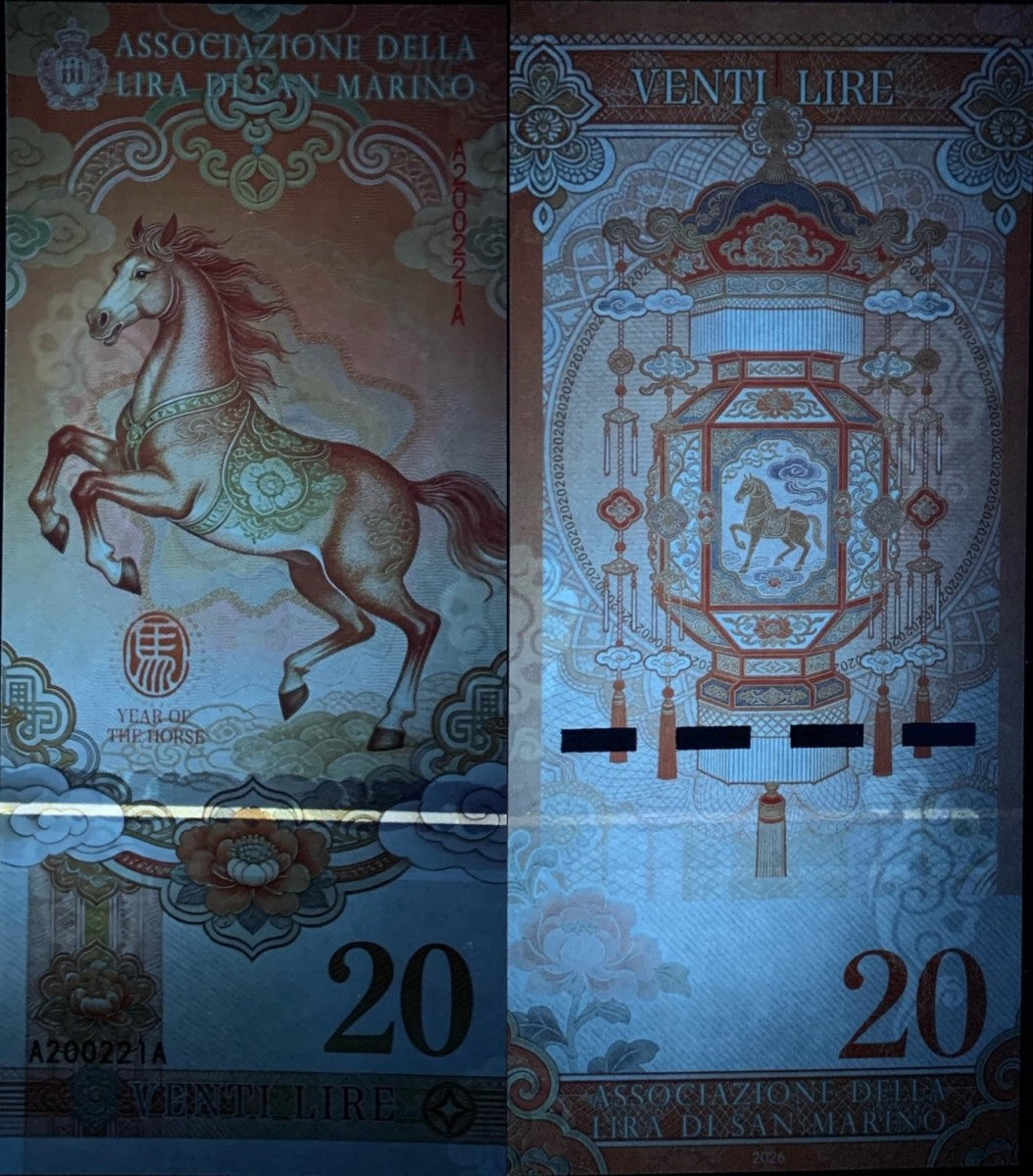 San Marino TEST NOTE 20 Lire 2026 Year of Horse Commemorative Banknote UNC