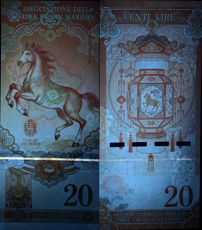 San Marino TEST NOTE 20 Lire 2026 Year of Horse Commemorative Banknote UNC