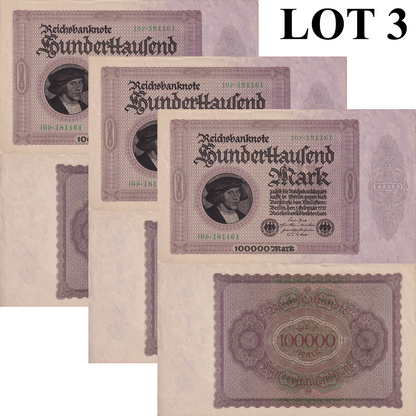 Germany 100000 Mark 1923 P 83 AU Large Size Note Lot 3 pcs