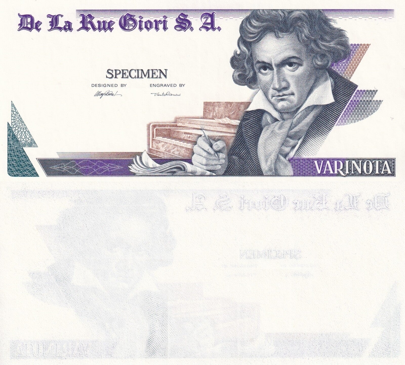 De la Rue Giori S.A Beethoven Varinota Single Sided Purple-Black Specimen
