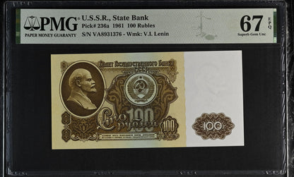 Russia State Bank USSR 100 Rubles 1961 P 236a UNC PMG 67 EPQ 3rd TOP POP