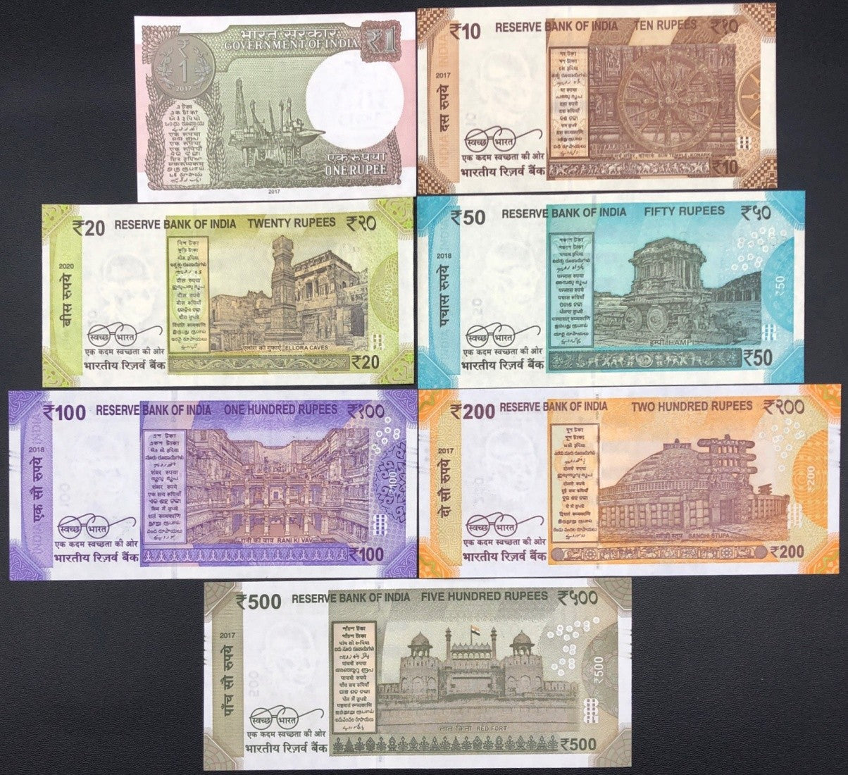 India 1 10-500 Rupees 2017-2020 P 109 110-114 117c UNC Set 7 pcs Replacement