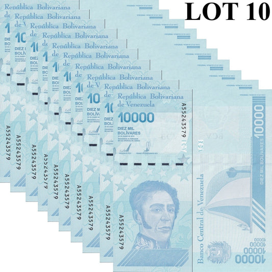 Venezuela 10000 2019 P 109(2) Narrow Security Thread Lot 10 p 1/10 Bundle UNC