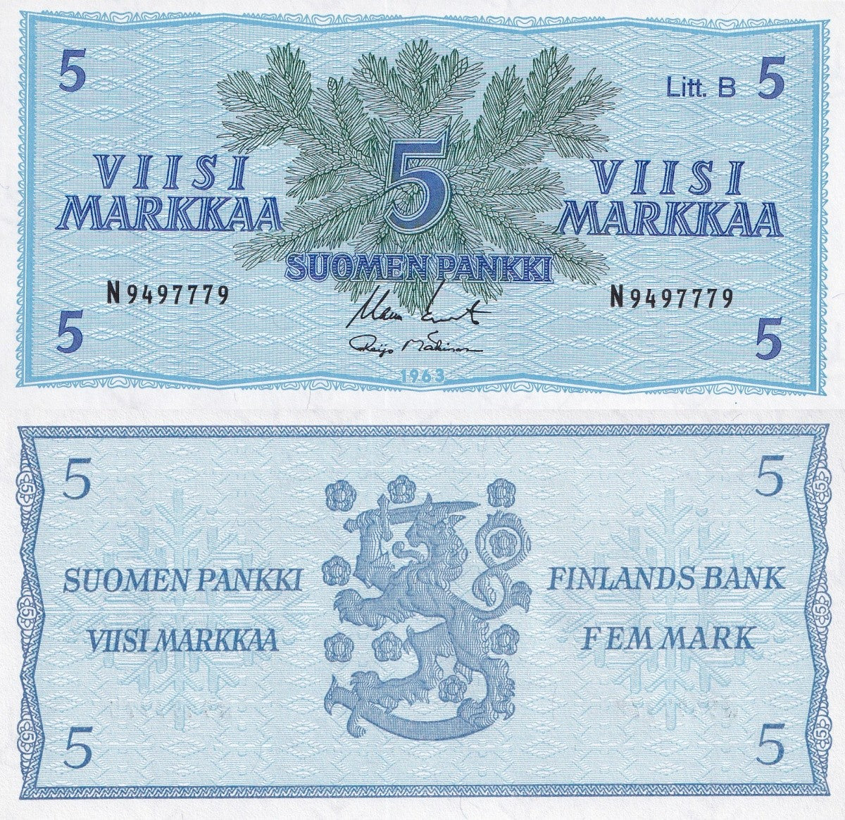 Finland 5 Markka 1963 P 106A Litt. B UNC