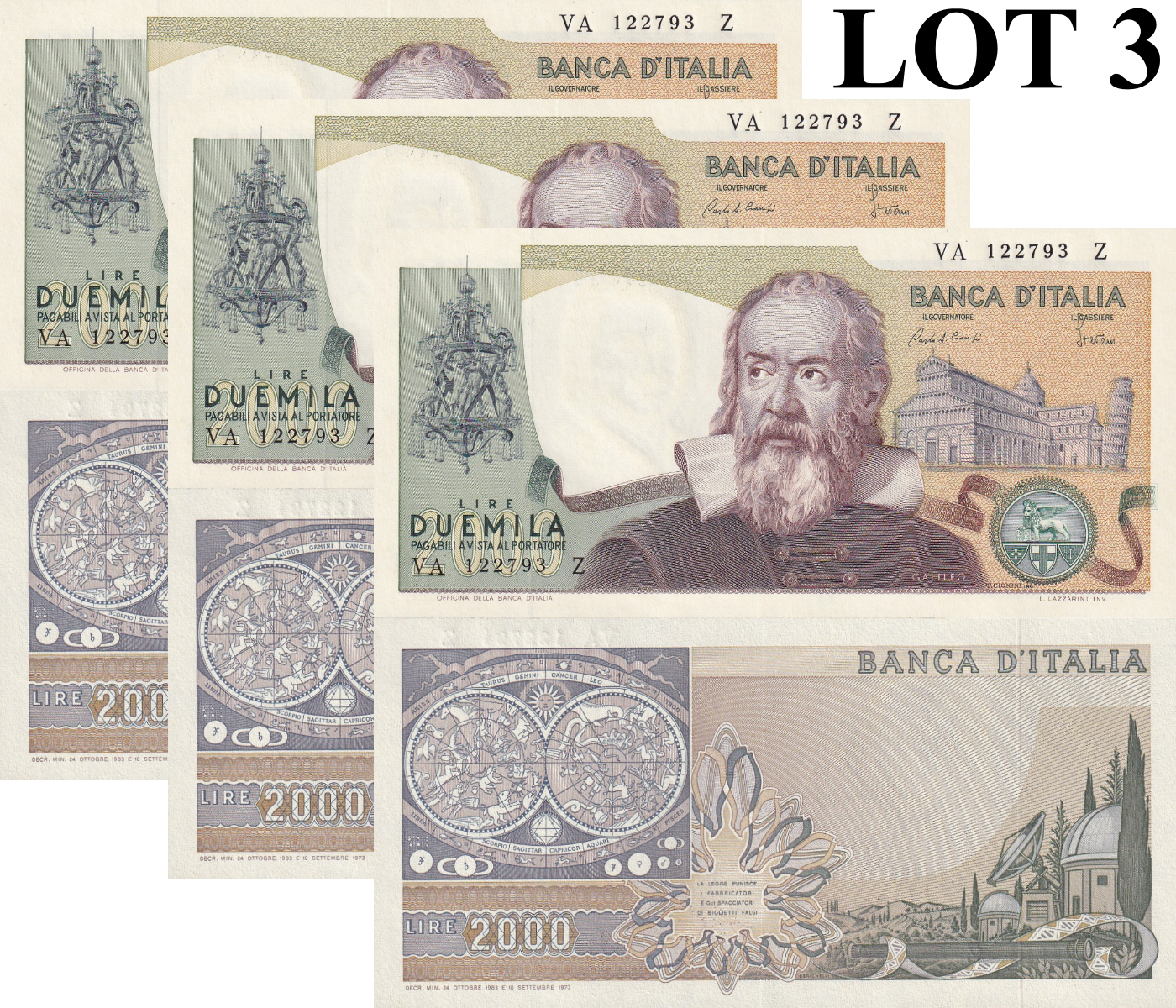 Italy 2000 Lire 1983 P 103 Random Signatures UNC Lot 3 pcs