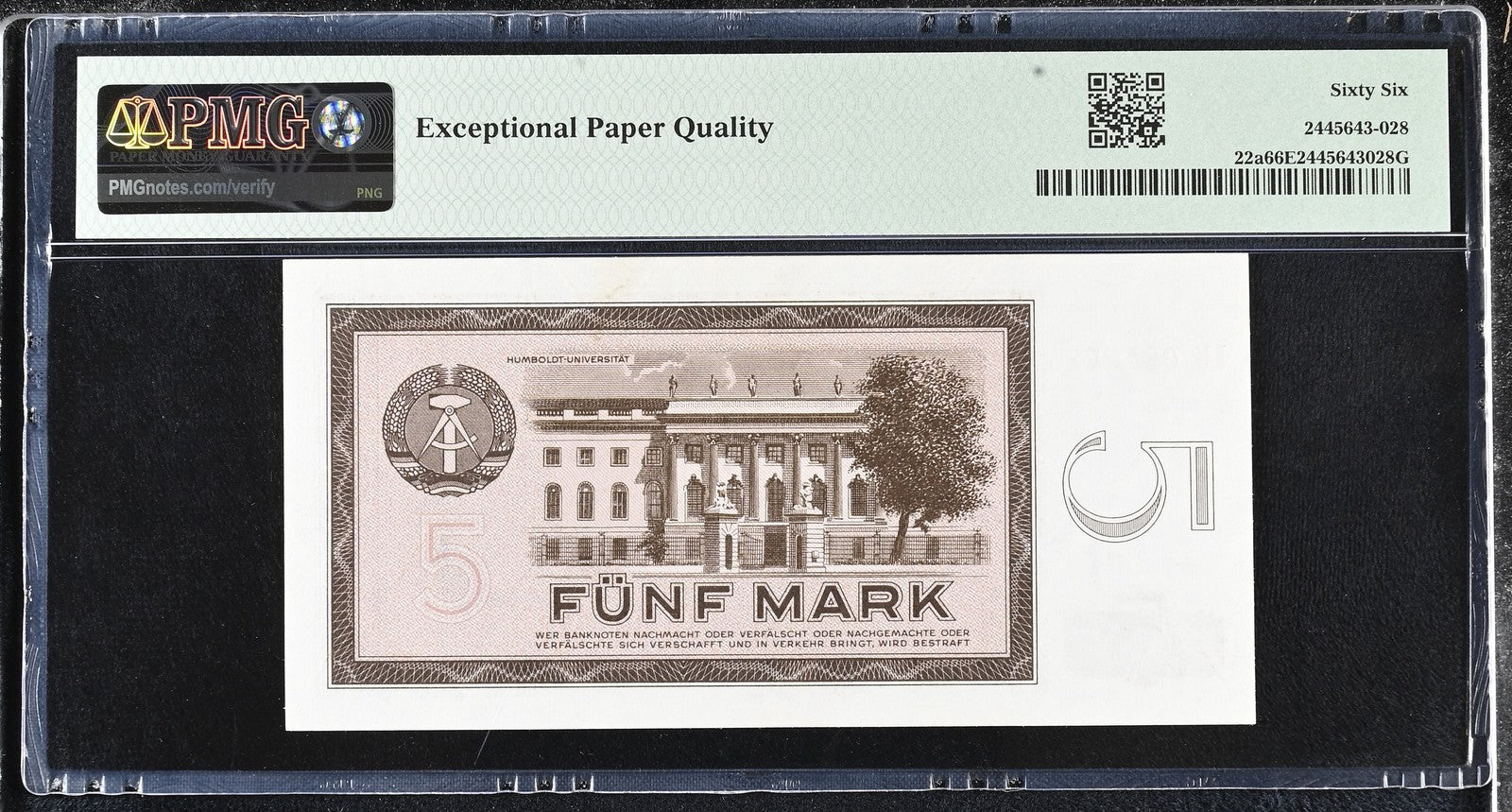 Germany Democratic Republic 5 Mark 1964 P 22a UNC PMG 66 EPQ