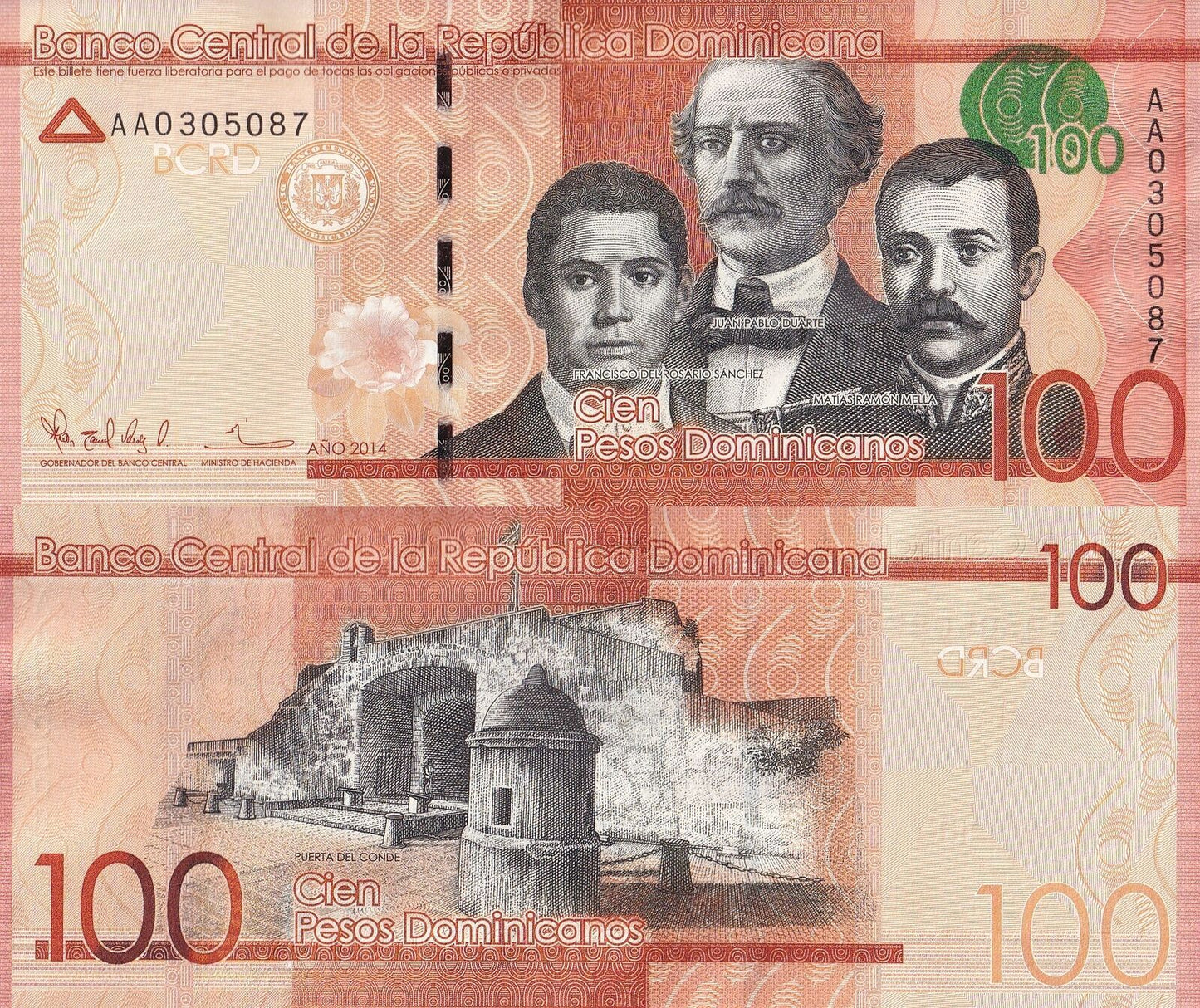 Dominican Republic 100 Pesos Dominicanos 2014 P 190a UNC AA First Prefix