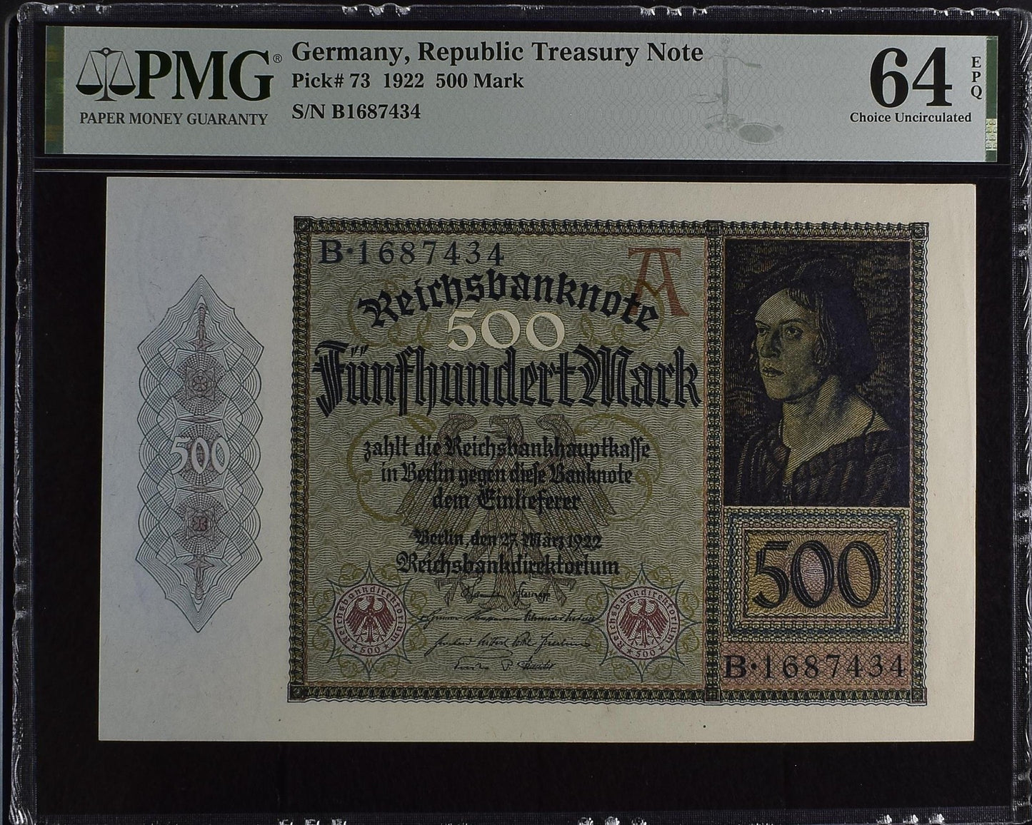 Germany Republic Treasury Note 500 Mark 1922 P 73 UNC PMG 64 EPQ