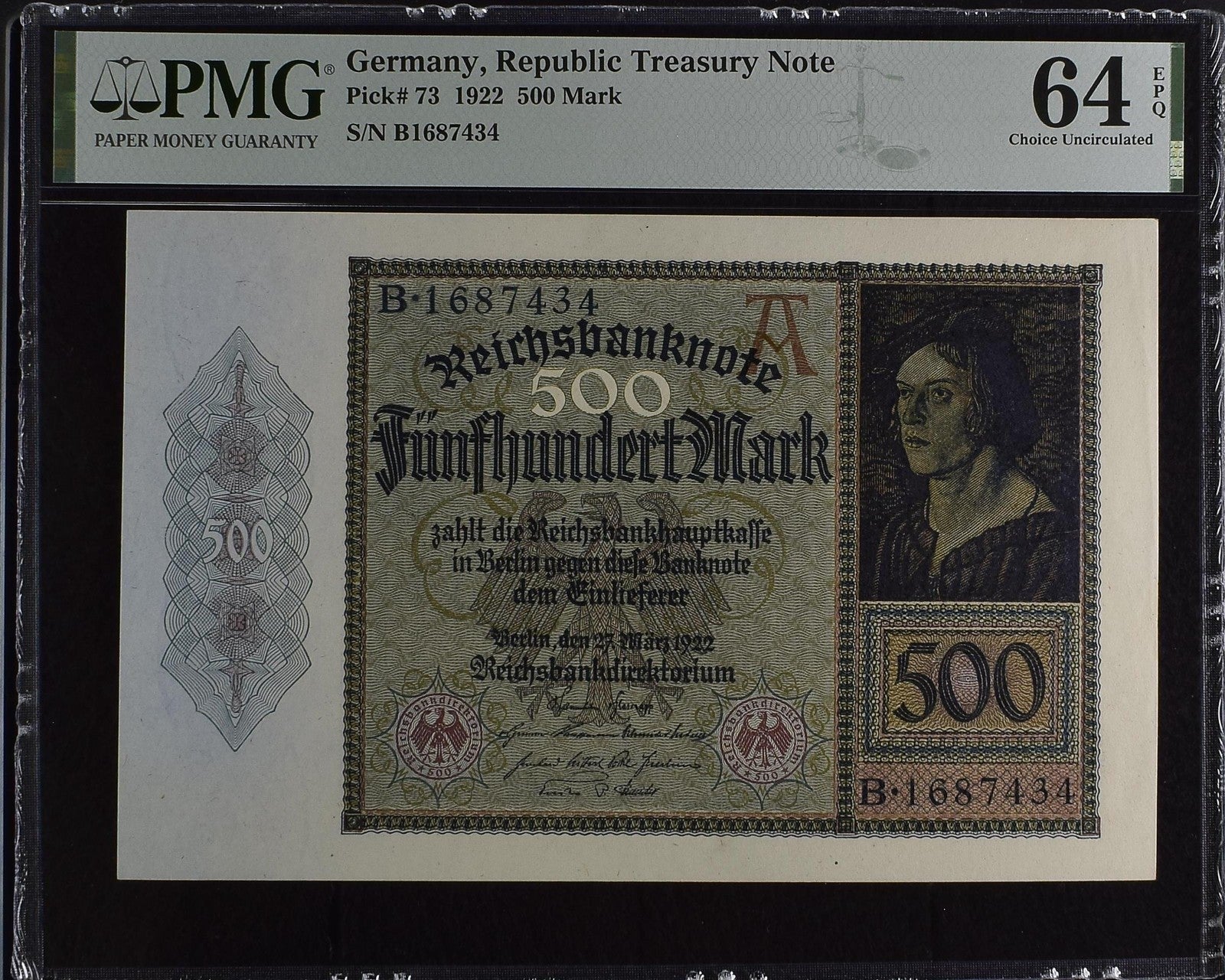 Germany Republic Treasury Note 500 Mark 1922 P 73 UNC PMG 64 EPQ