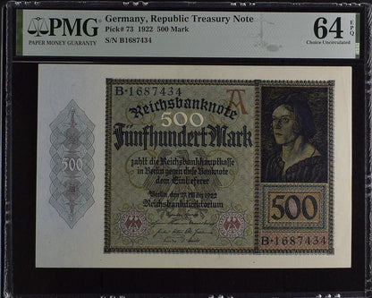 Germany Republic Treasury Note 500 Mark 1922 P 73 UNC PMG 64 EPQ
