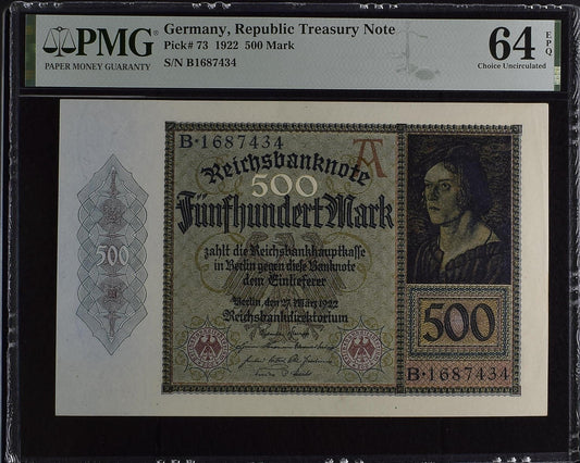Germany Republic Treasury Note 500 Mark 1922 P 73 UNC PMG 64 EPQ