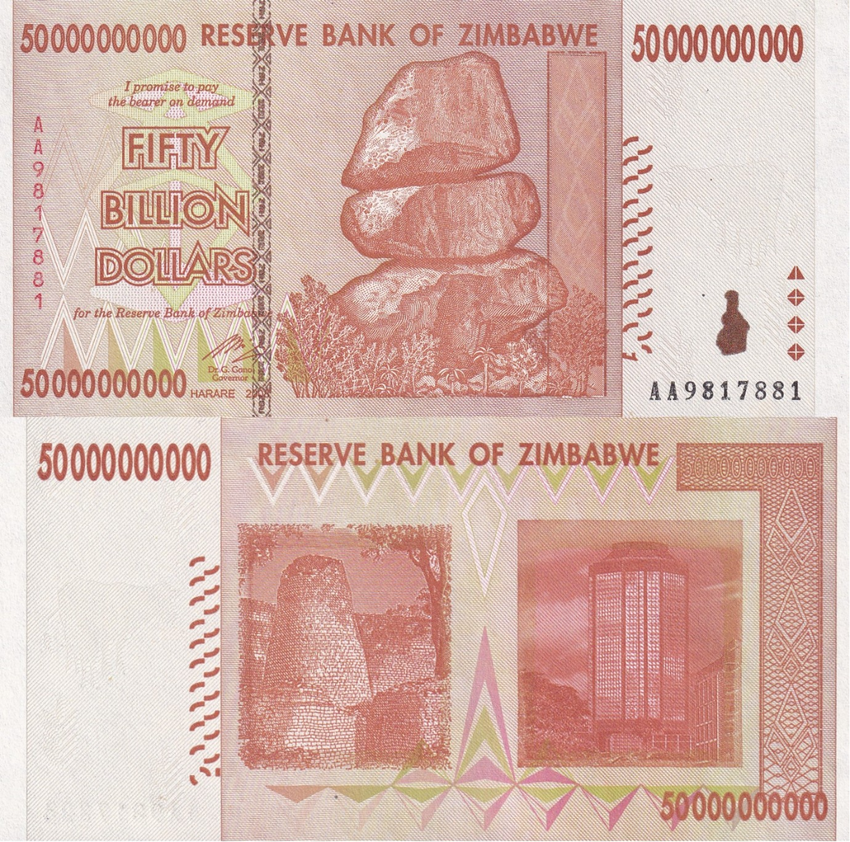 Zimbabwe 5000000000 Dollars 2008 P 87 UNC 1/20 Bundle Lot 5 pcs